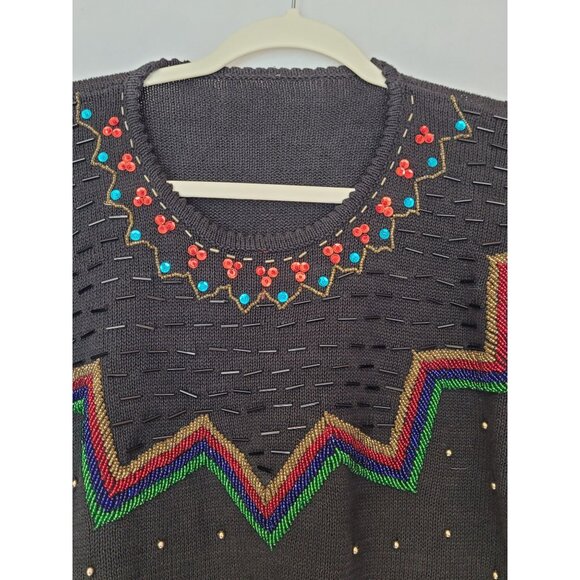 Vintage Beaded Sweater Embroidered Floral & Chevron Design Size XL - Picture 5 of 6